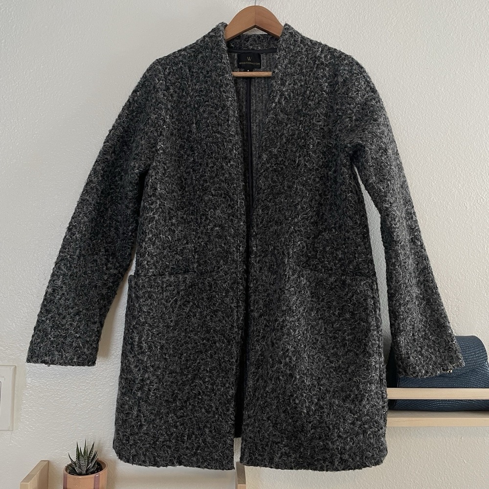 Worthington Gray Curly Wool-Look Collarless Coat Cardigan Sz Small